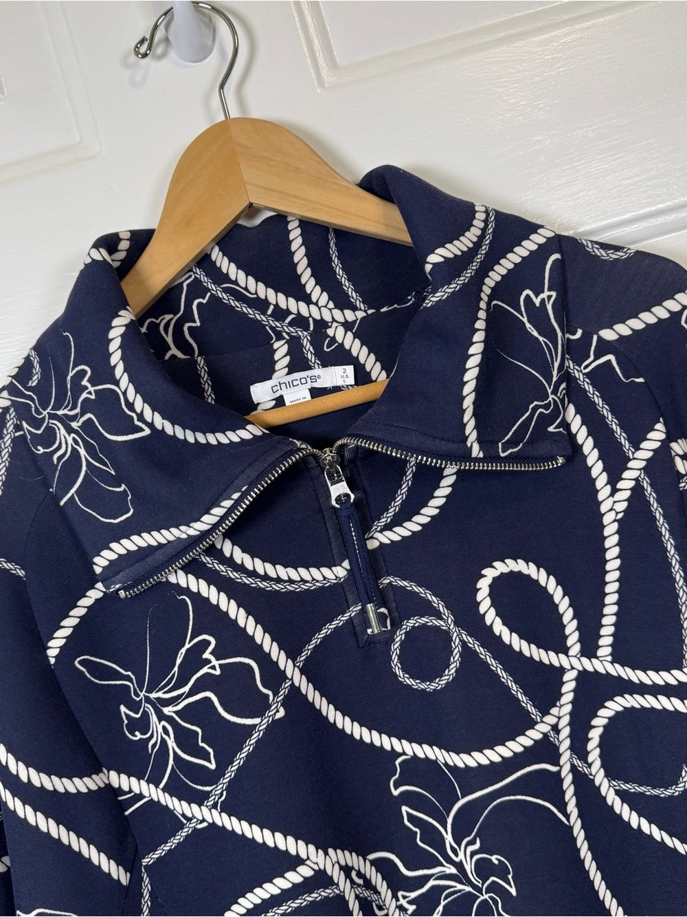 Chico's Nautical Rope Floral Quarter Zip Pullover Navy Blue Size 2 Large